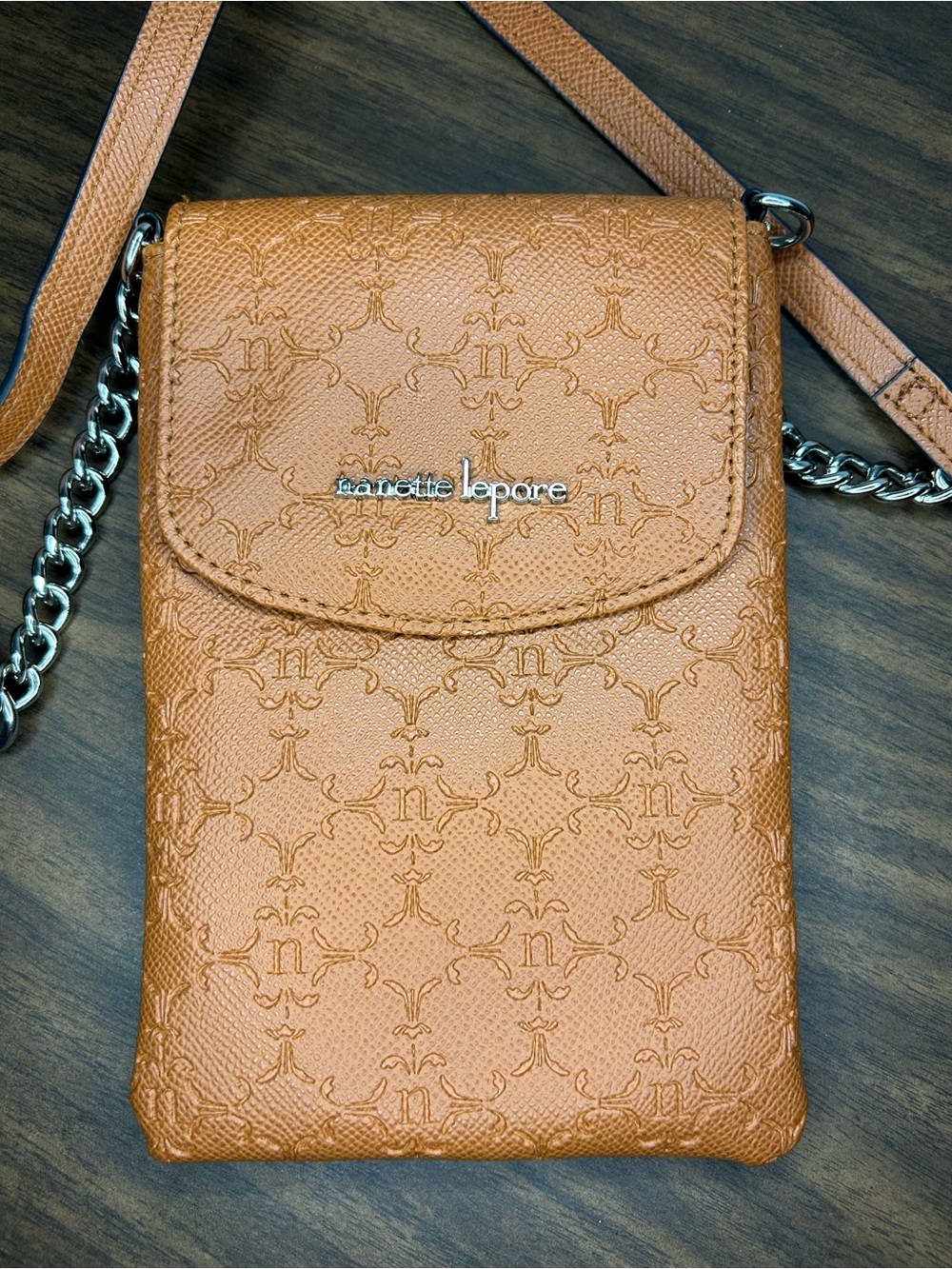 Nanette Lepore Tan Embossed Leather Crossbody Pouch with Silver Chain